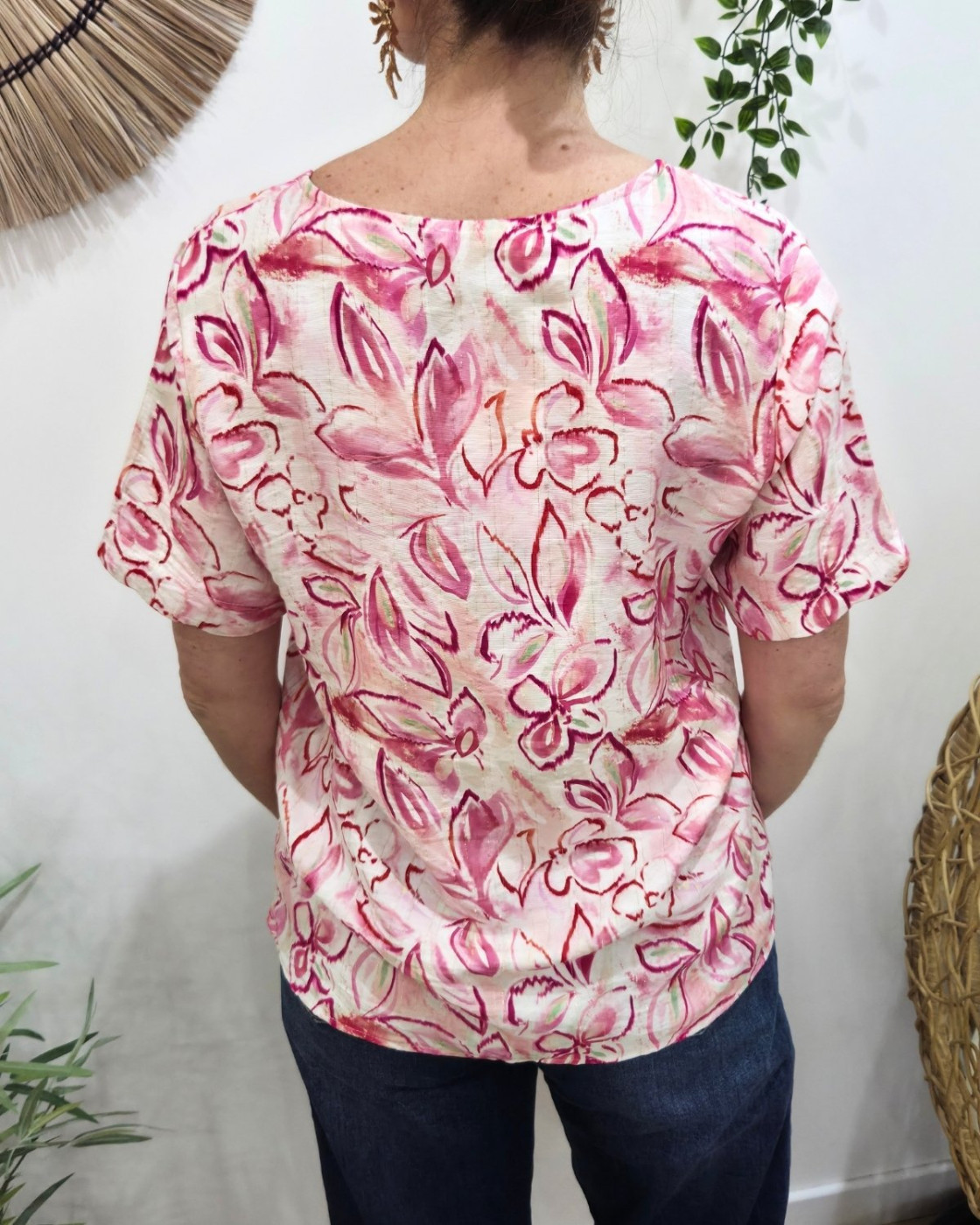 Blouse femme manches courtes rose fleurie Thémis