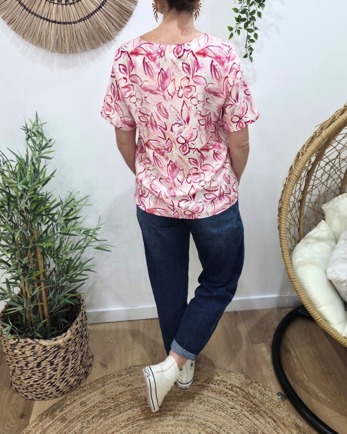 Blouse femme manches courtes rose fleurie Thémis