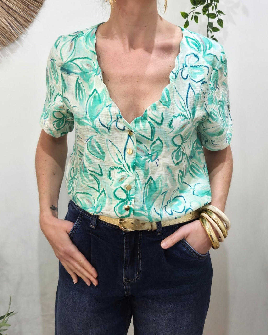 Blouse femme manches courtes verte fleurie Thémis