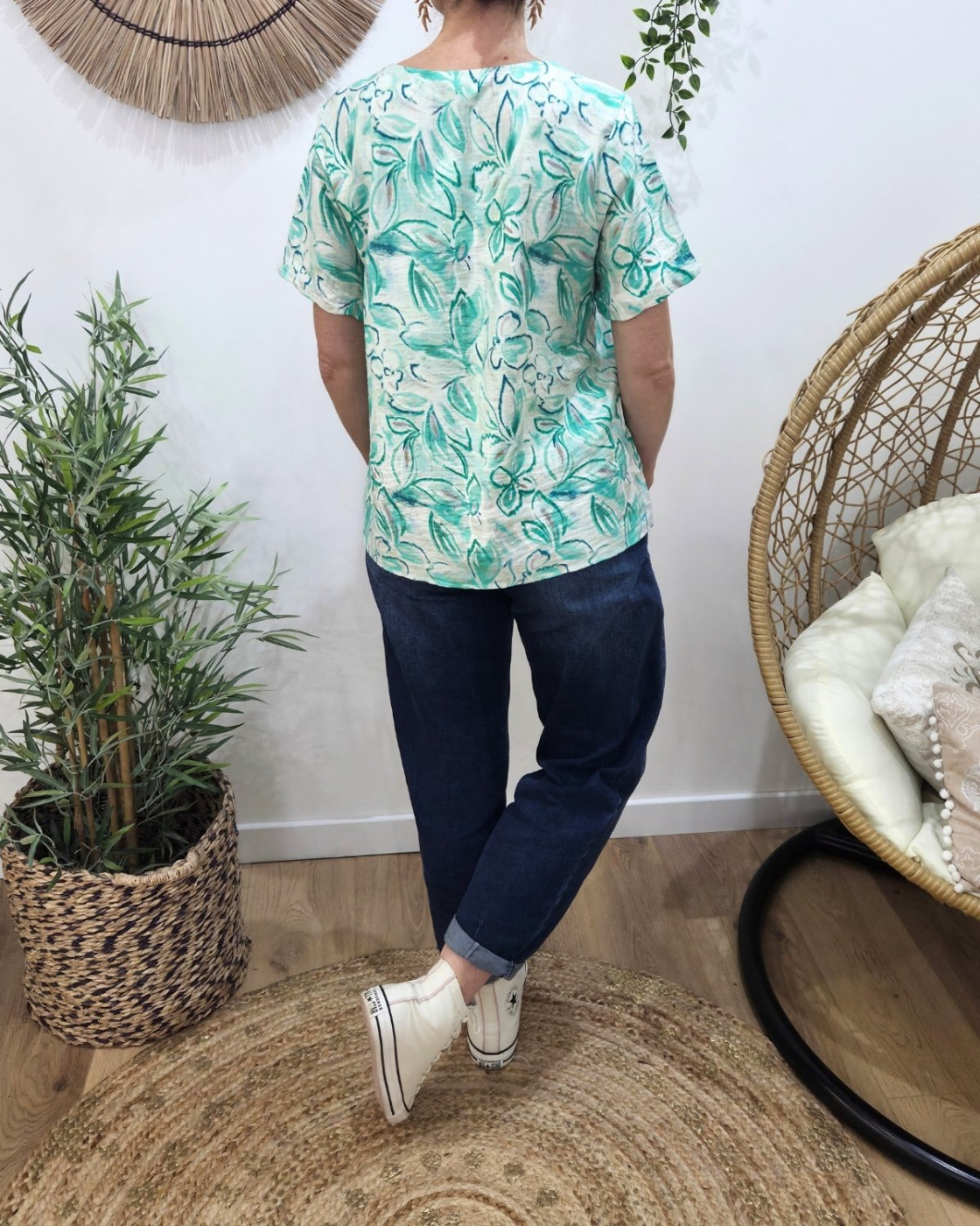 Blouse femme manches courtes verte fleurie Thémis