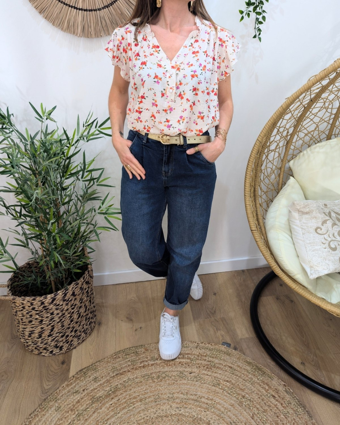 Blouse femme écrue fleurs orange et rouge Fiammetta