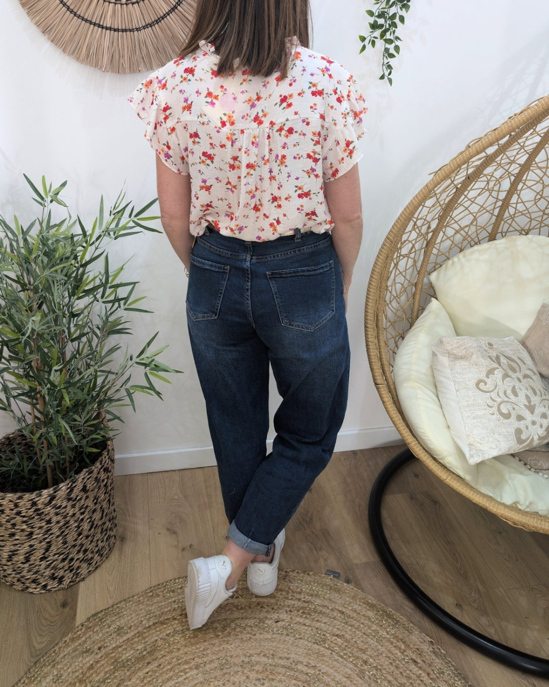 Blouse femme écrue fleurs orange et rouge Fiammetta