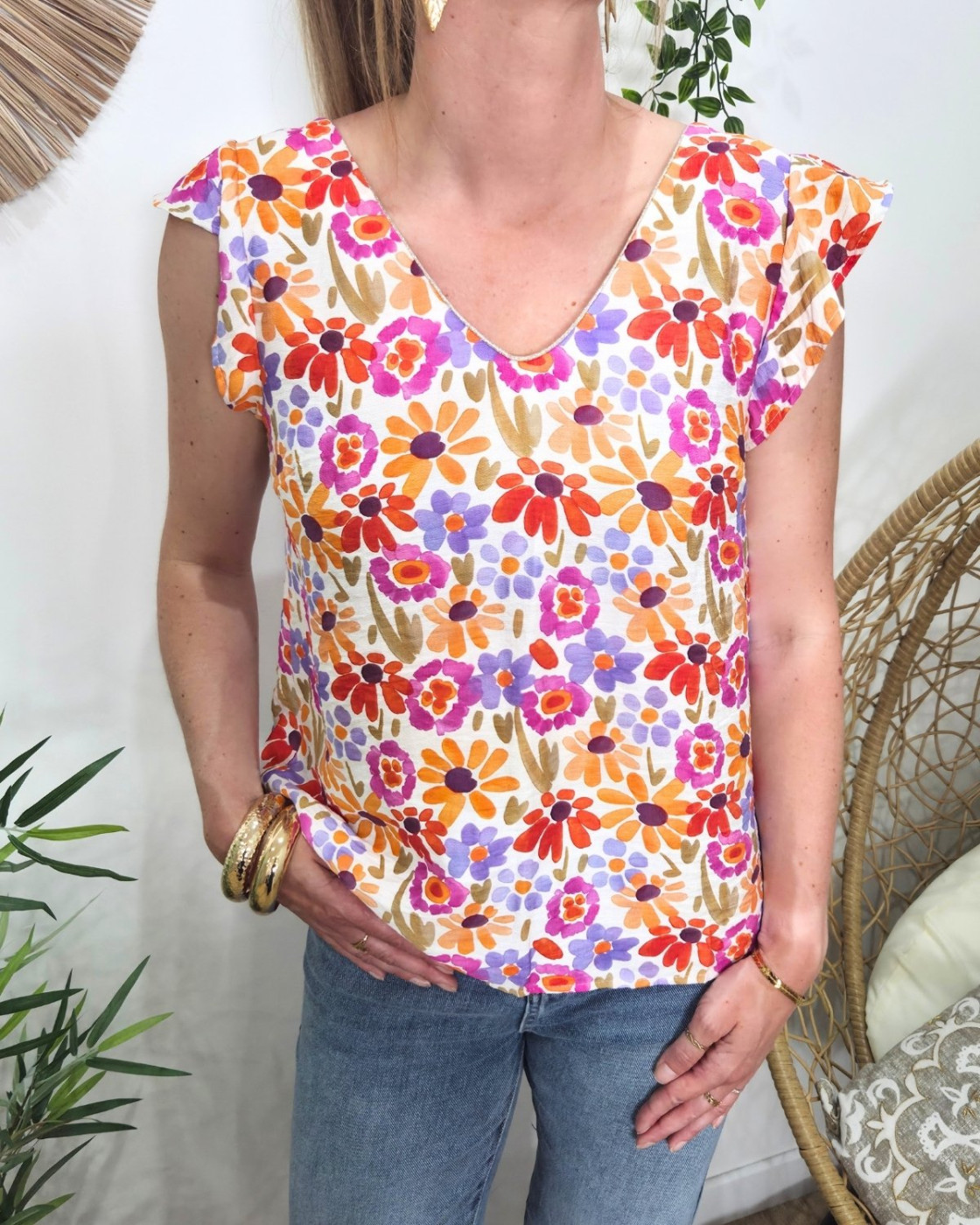 Blouse femme manches volantes rose orange et violet Isotta