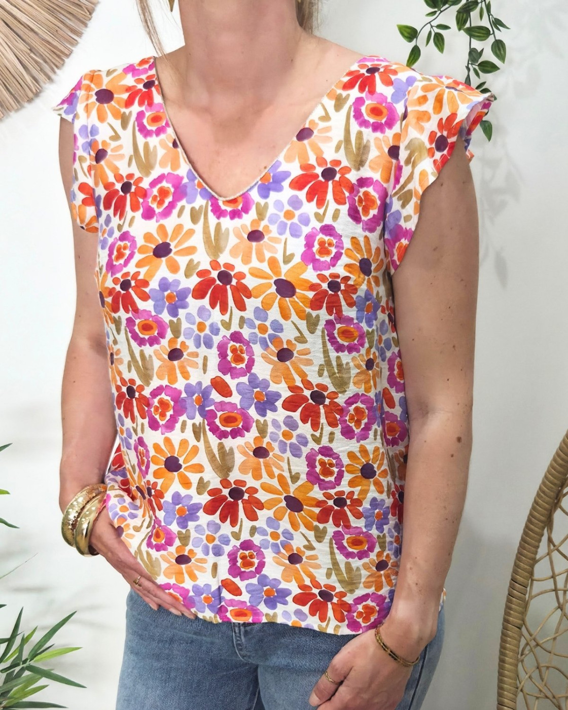 Blouse femme manches volantes rose orange et violet Isotta
