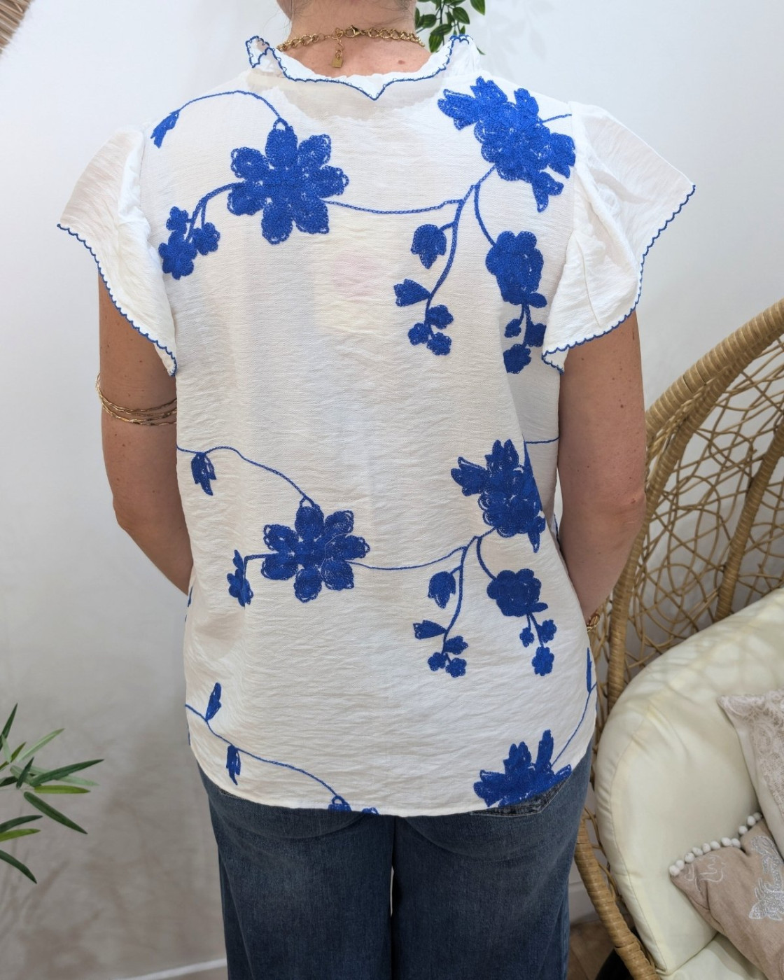 Blouse femme blanche broderies bleu roi Olena