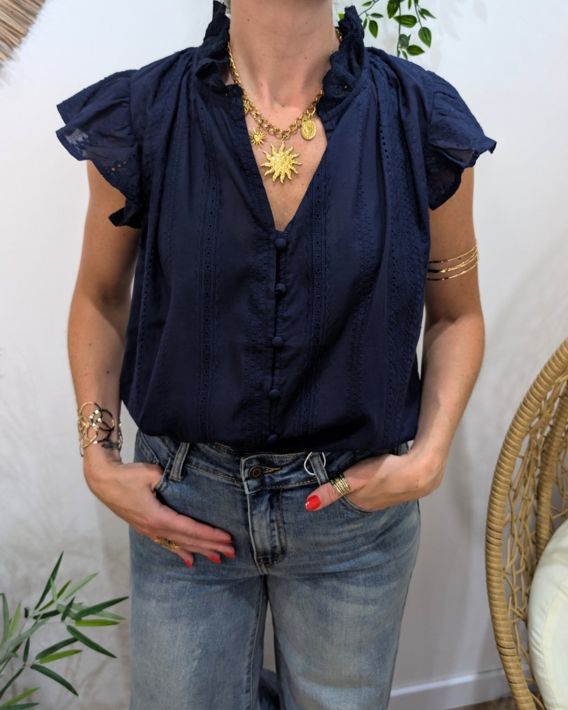 Blouse femme brodée Arsinoé bleu marine