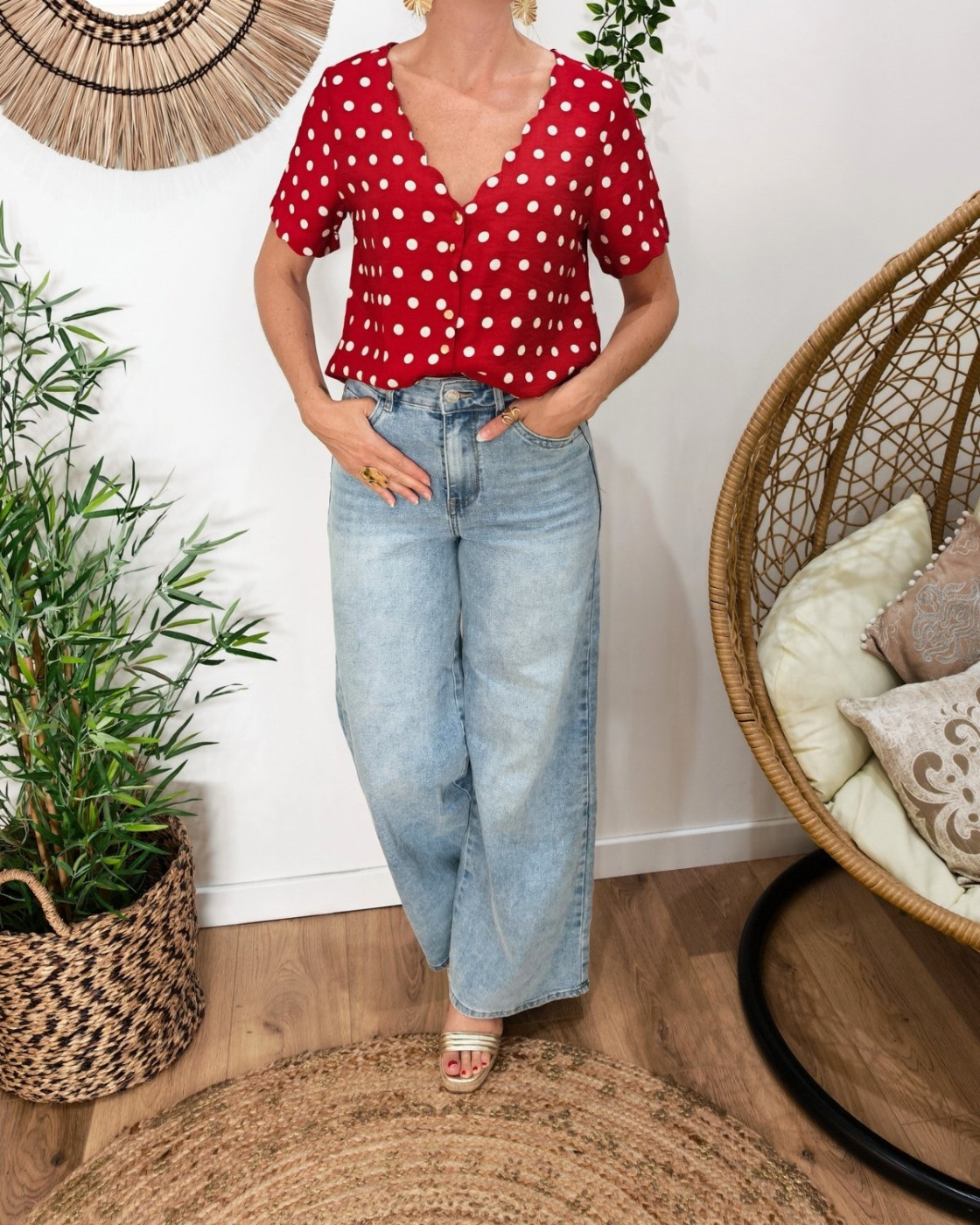 Blouse femme à pois rouge et blanc 