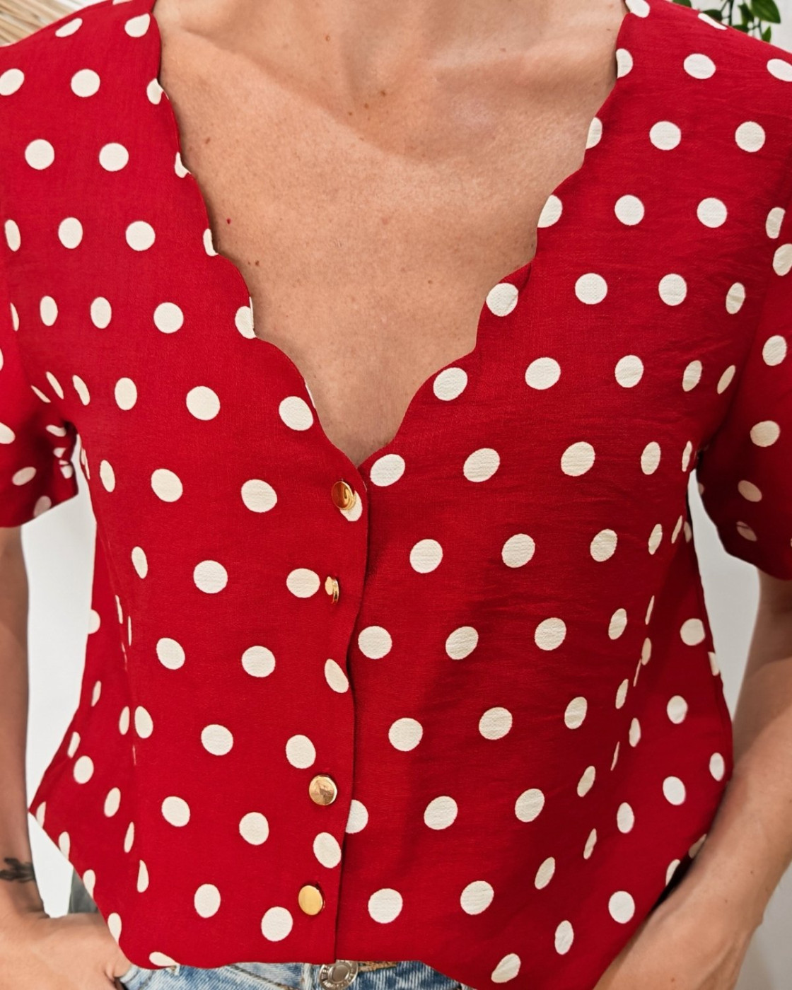 Blouse femme à pois rouge et blanc 