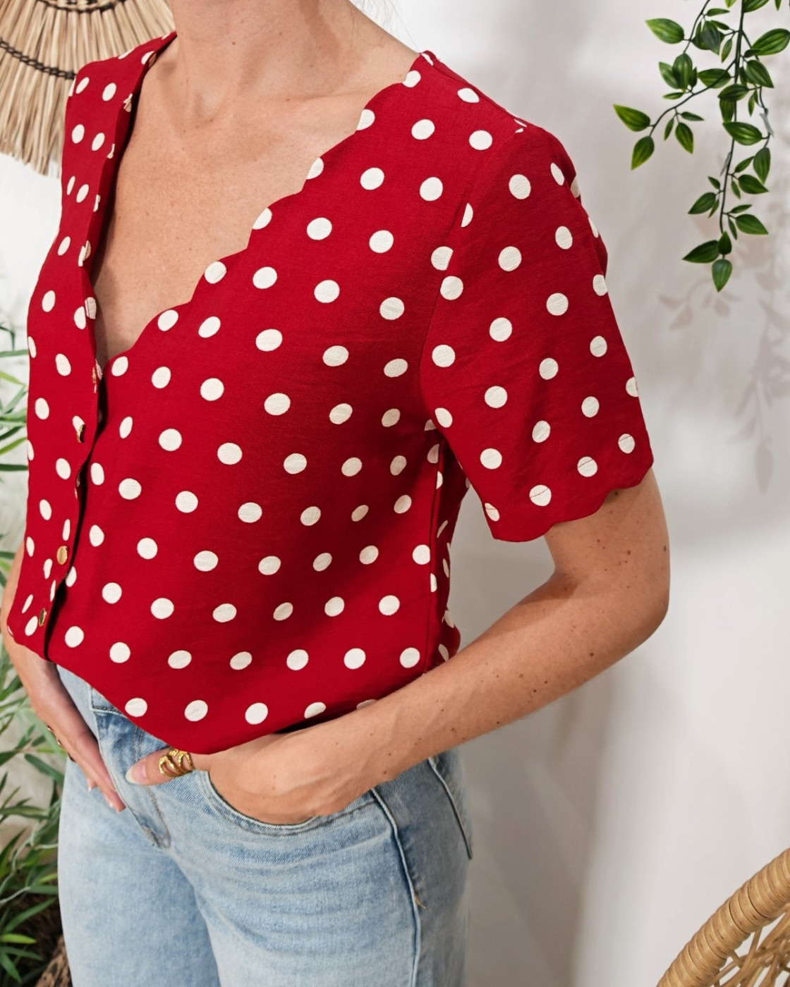 Blouse femme à pois rouge et blanc 