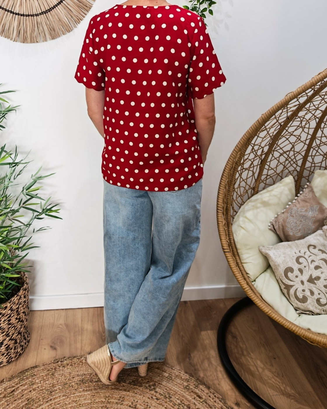 Blouse femme à pois rouge et blanc 