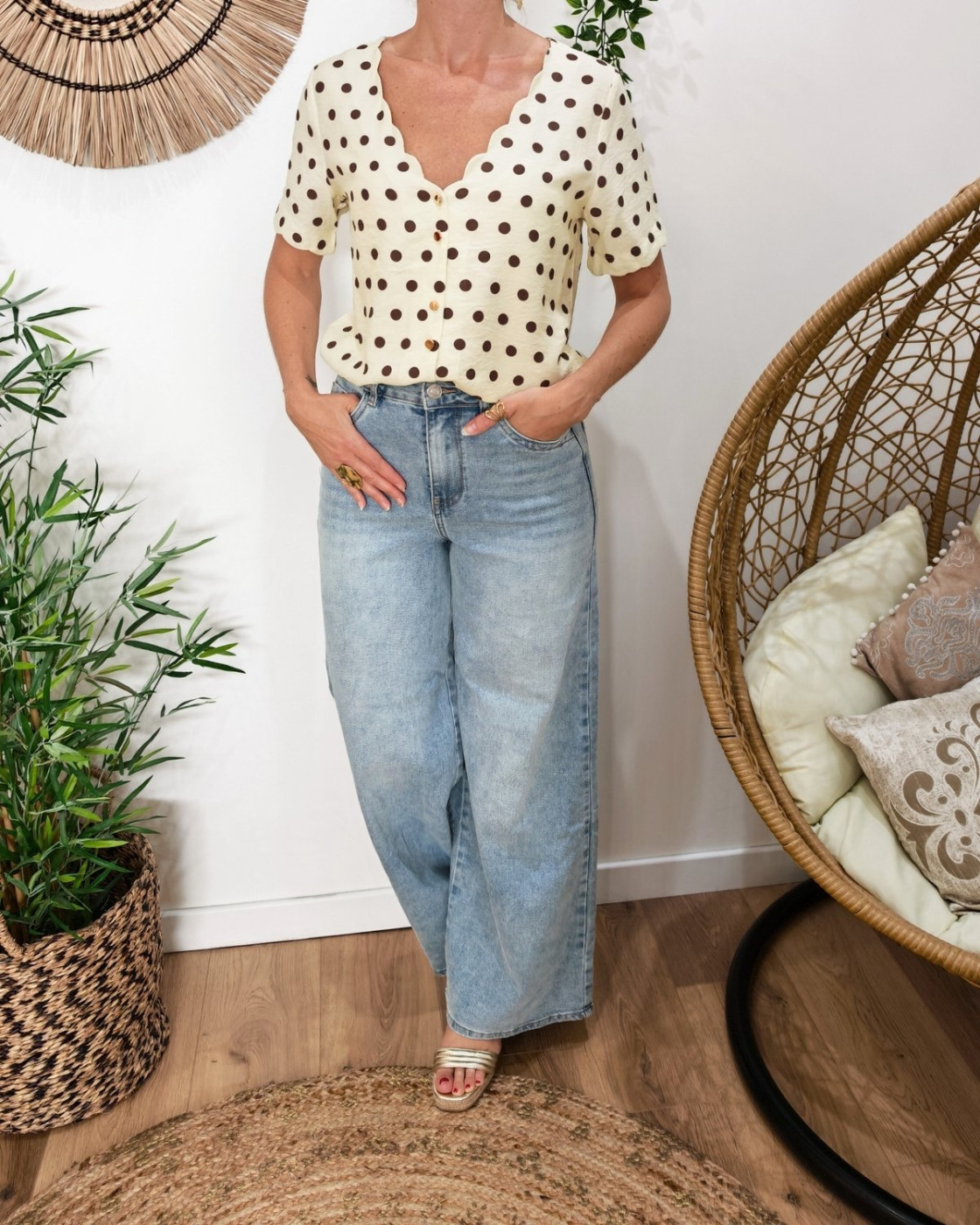 Blouse femme à pois jaune et marron
