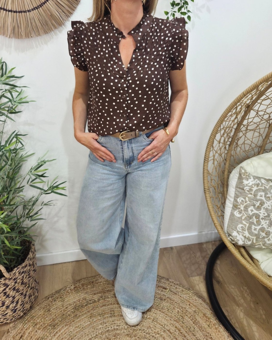 Blouse femme marron à pois écrus Enora