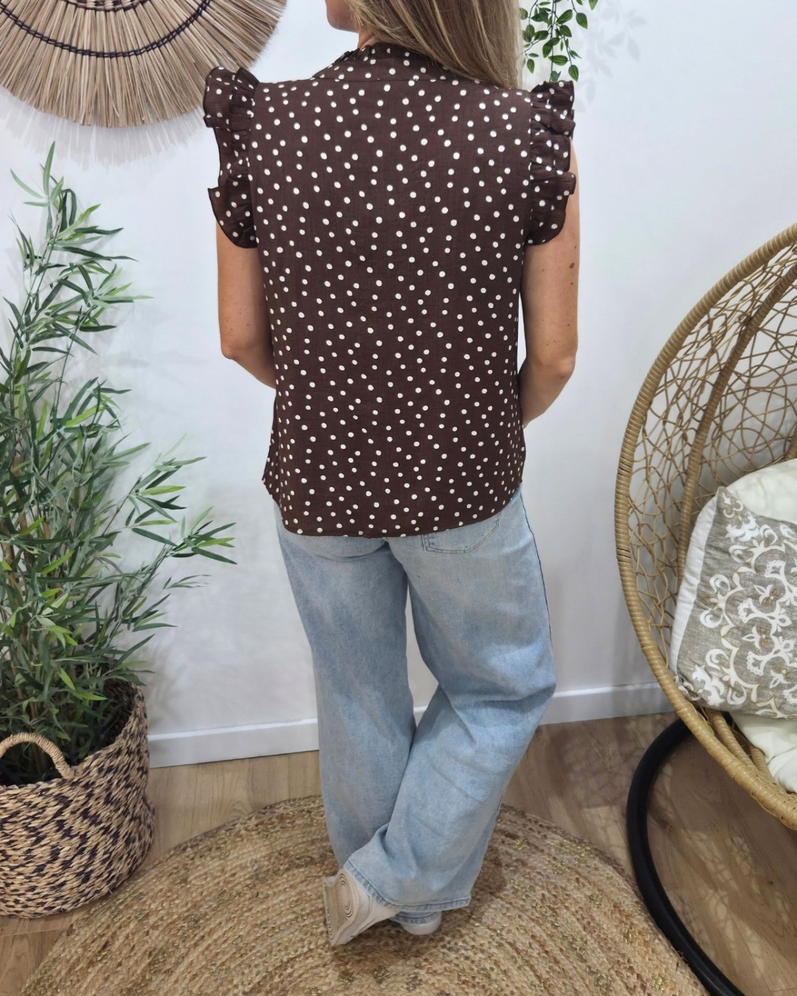 Blouse femme marron à pois écrus Enora