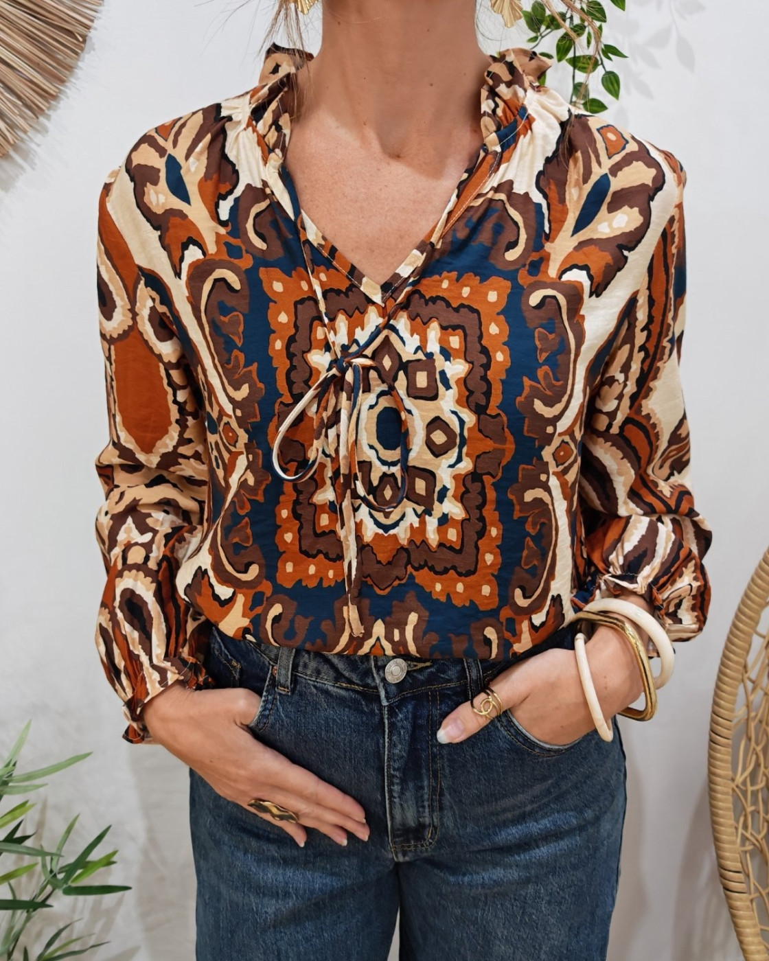 Blouse femme marron marine beige à motifs Catarina