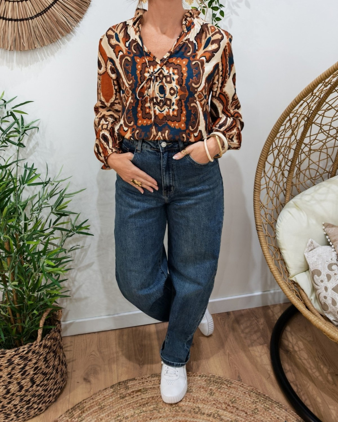 Blouse femme marron marine beige à motifs Catarina