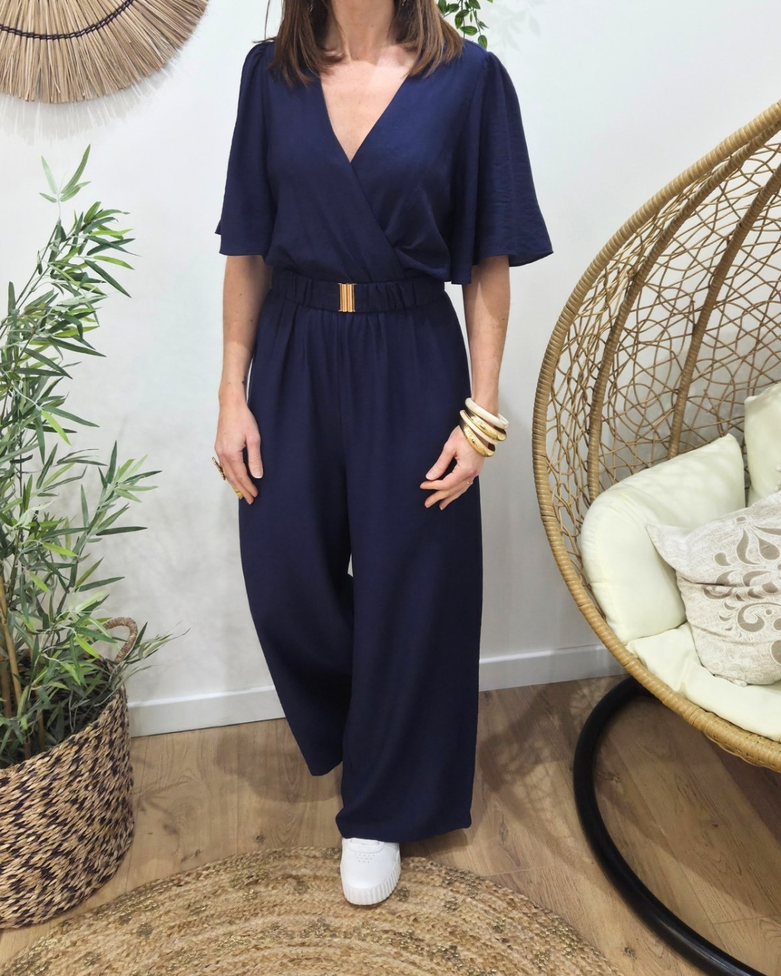 Combinaison femme bleu marine manches volantes Alodia