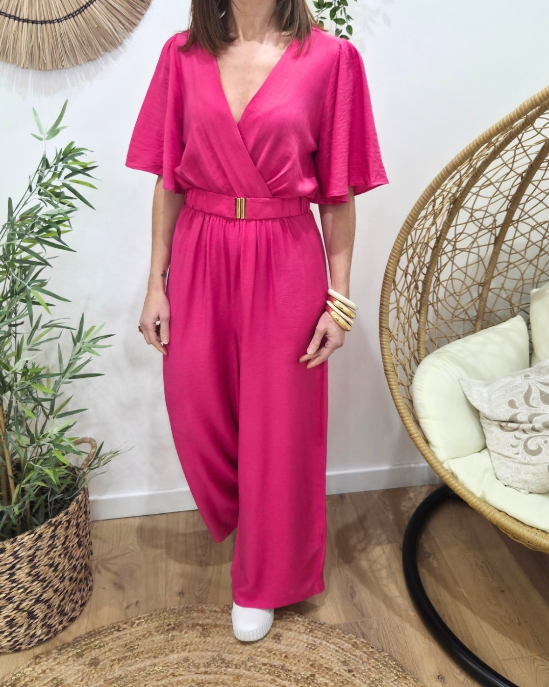 Combinaison femme rose fuchsia manches volantes Alodia