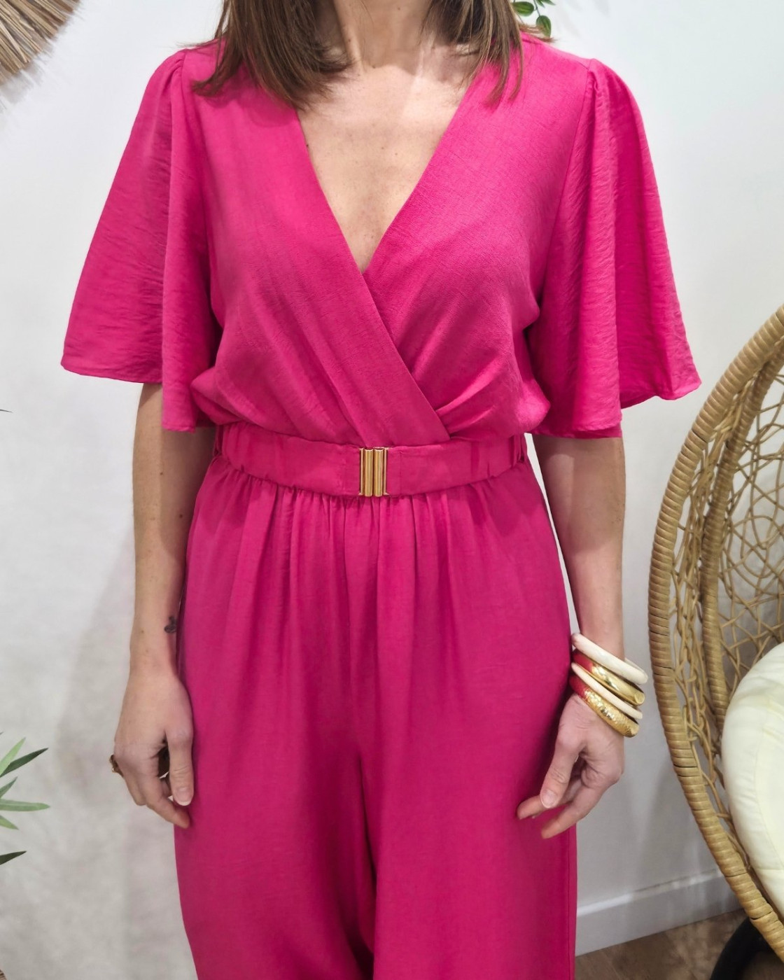Combinaison femme rose fuchsia manches volantes Alodia