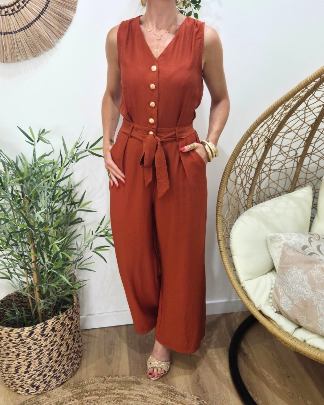 Combinaison femme terracotta boutons dorés Sira
