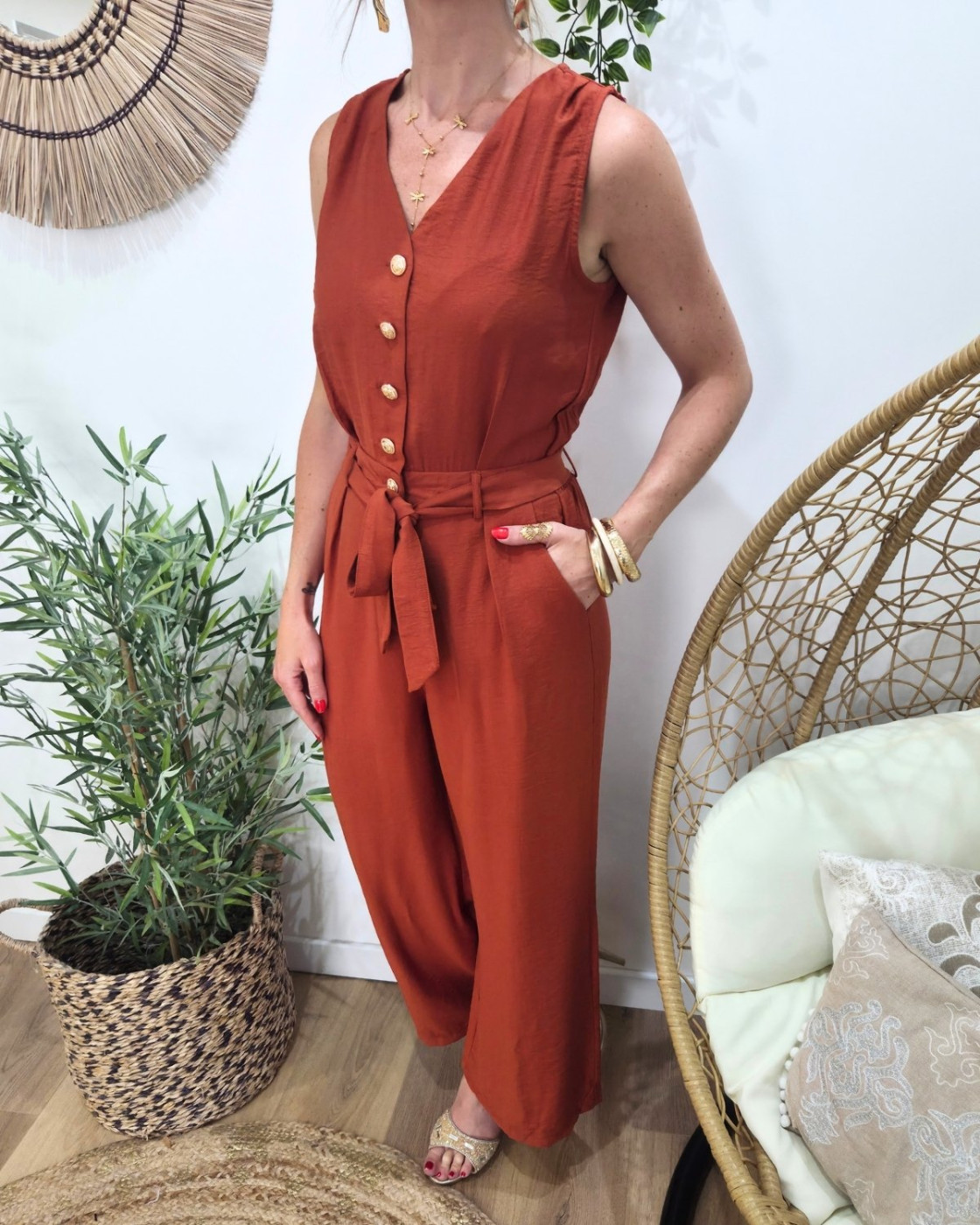 Combinaison femme terracotta boutons dorés Sira