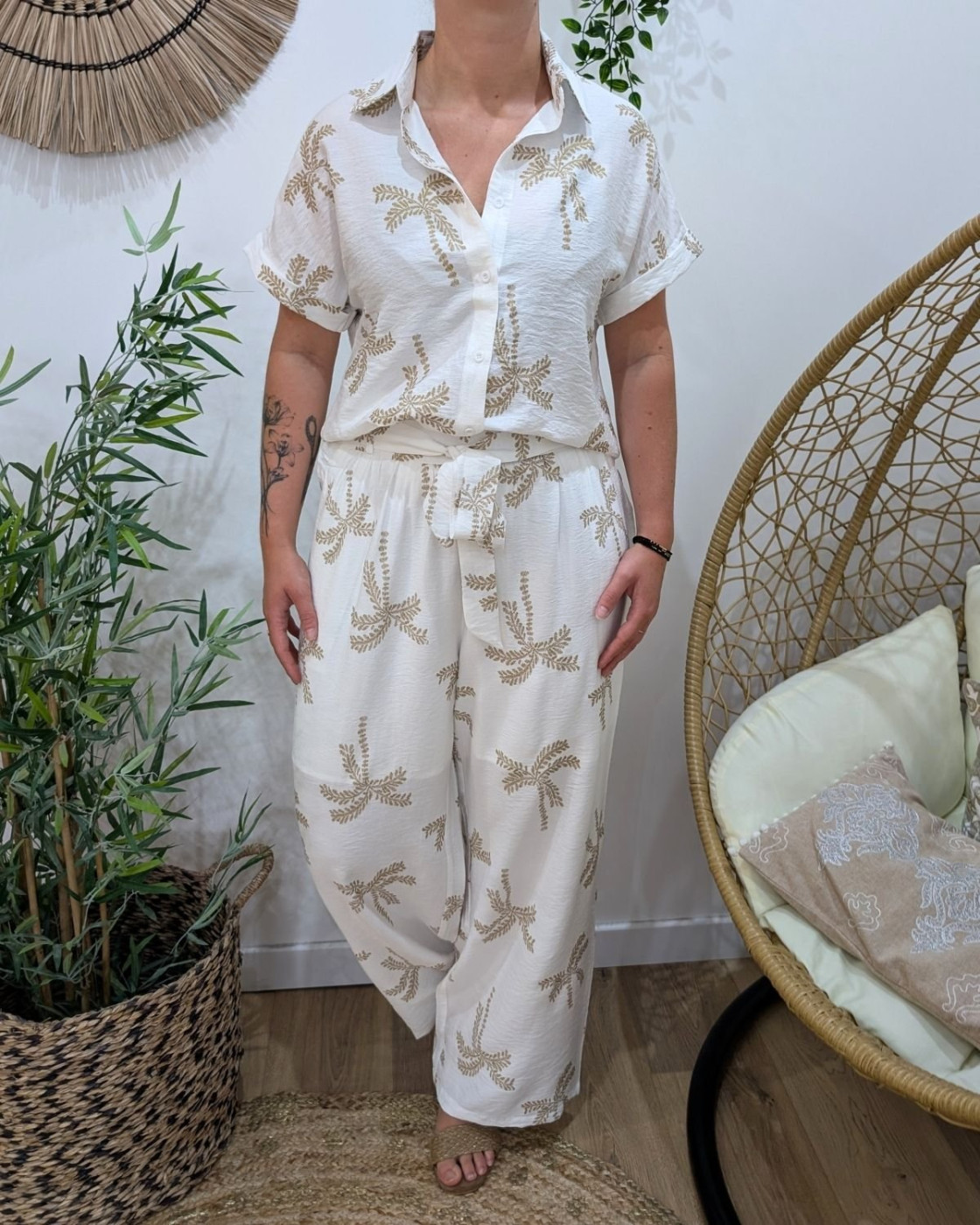 Chemisier femme écru palmiers camel