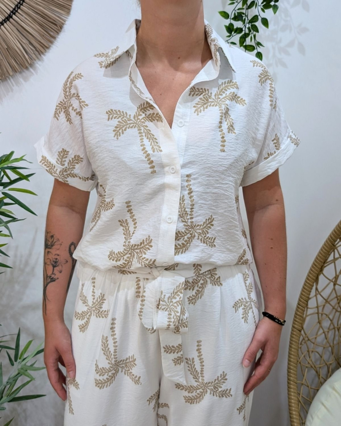 Chemisier femme écru palmiers camel