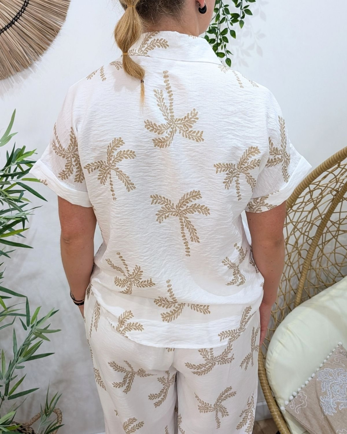 Chemisier femme écru palmiers camel
