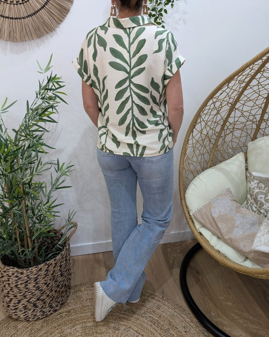 Chemisier femme écru et vert Ismérie manches courtes