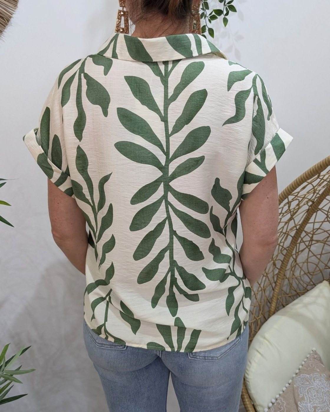 Chemisier femme écru et vert Ismérie manches courtes