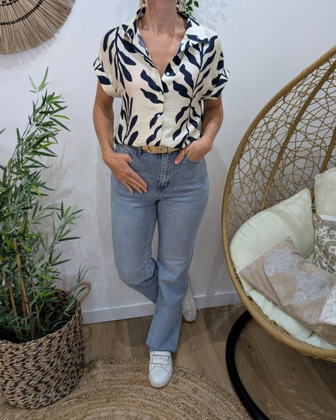 Chemisier femme écru et bleu Ismérie manches courtes