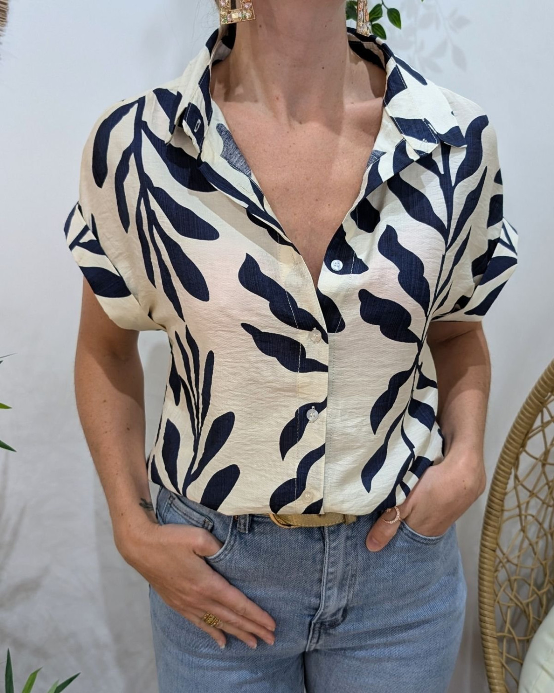 Chemisier femme écru et bleu Ismérie manches courtes