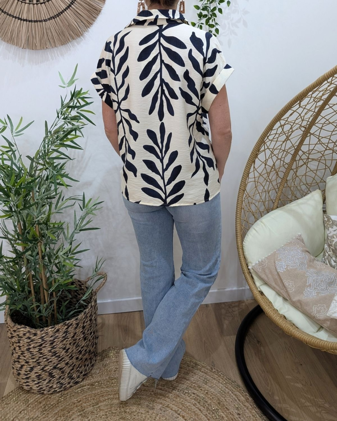 Chemisier femme écru et bleu Ismérie manches courtes