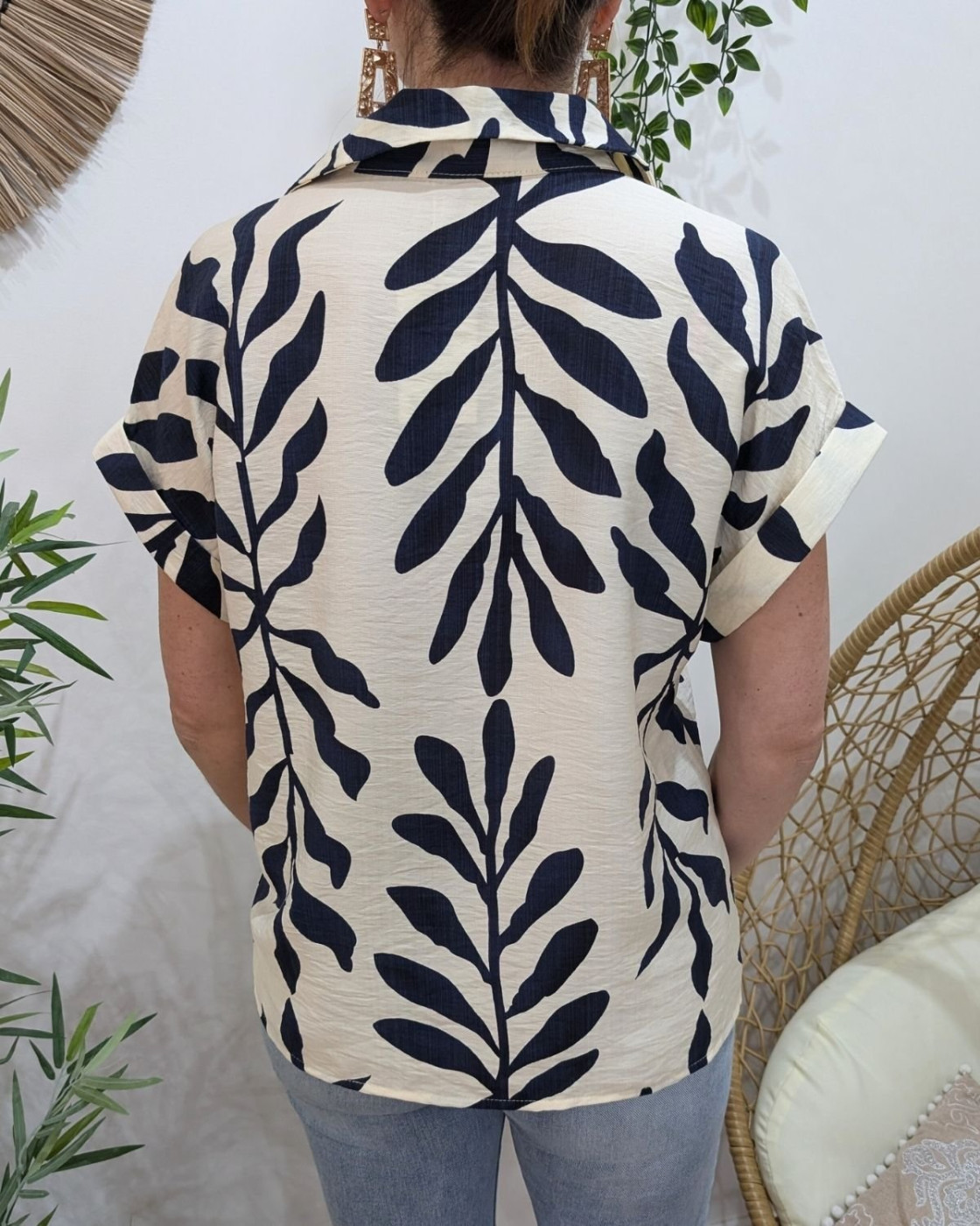 Chemisier femme écru et bleu Ismérie manches courtes