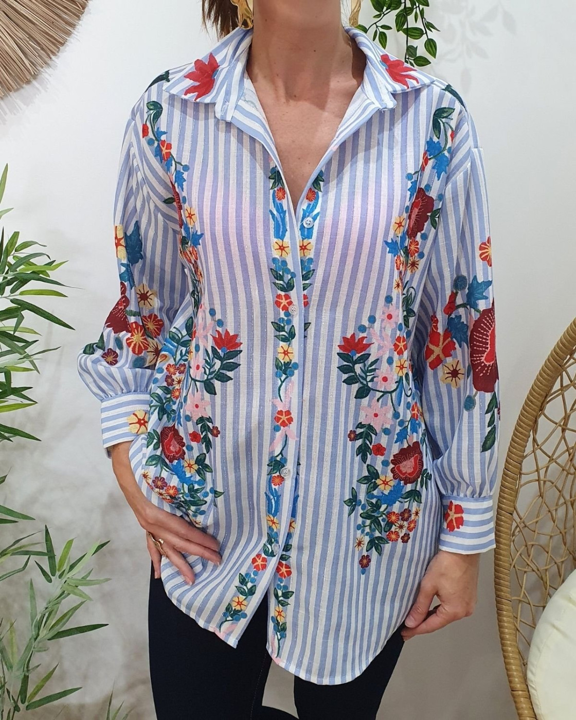 Chemisier femme à rayures et imprimé floral