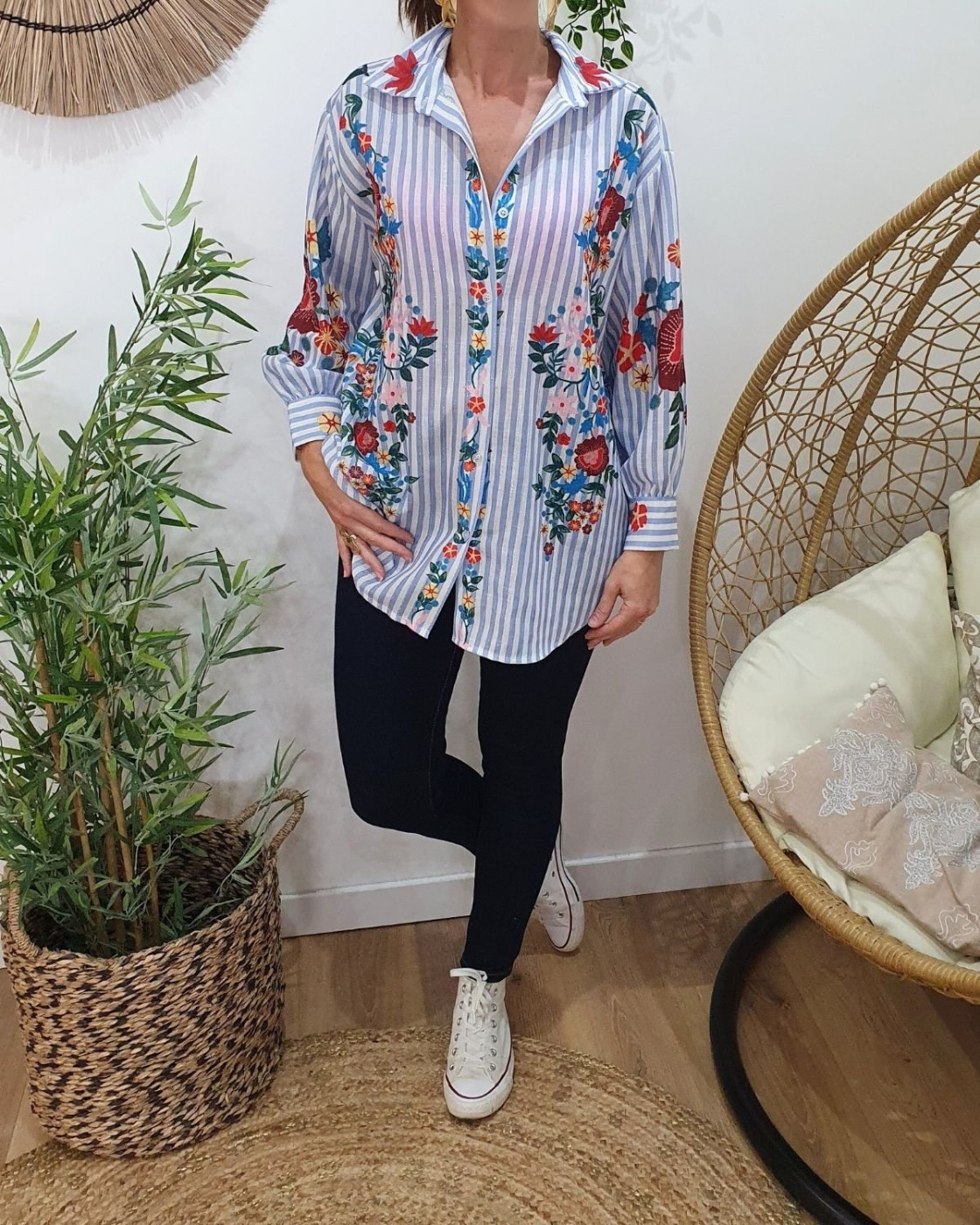 Chemisier femme à rayures et imprimé floral