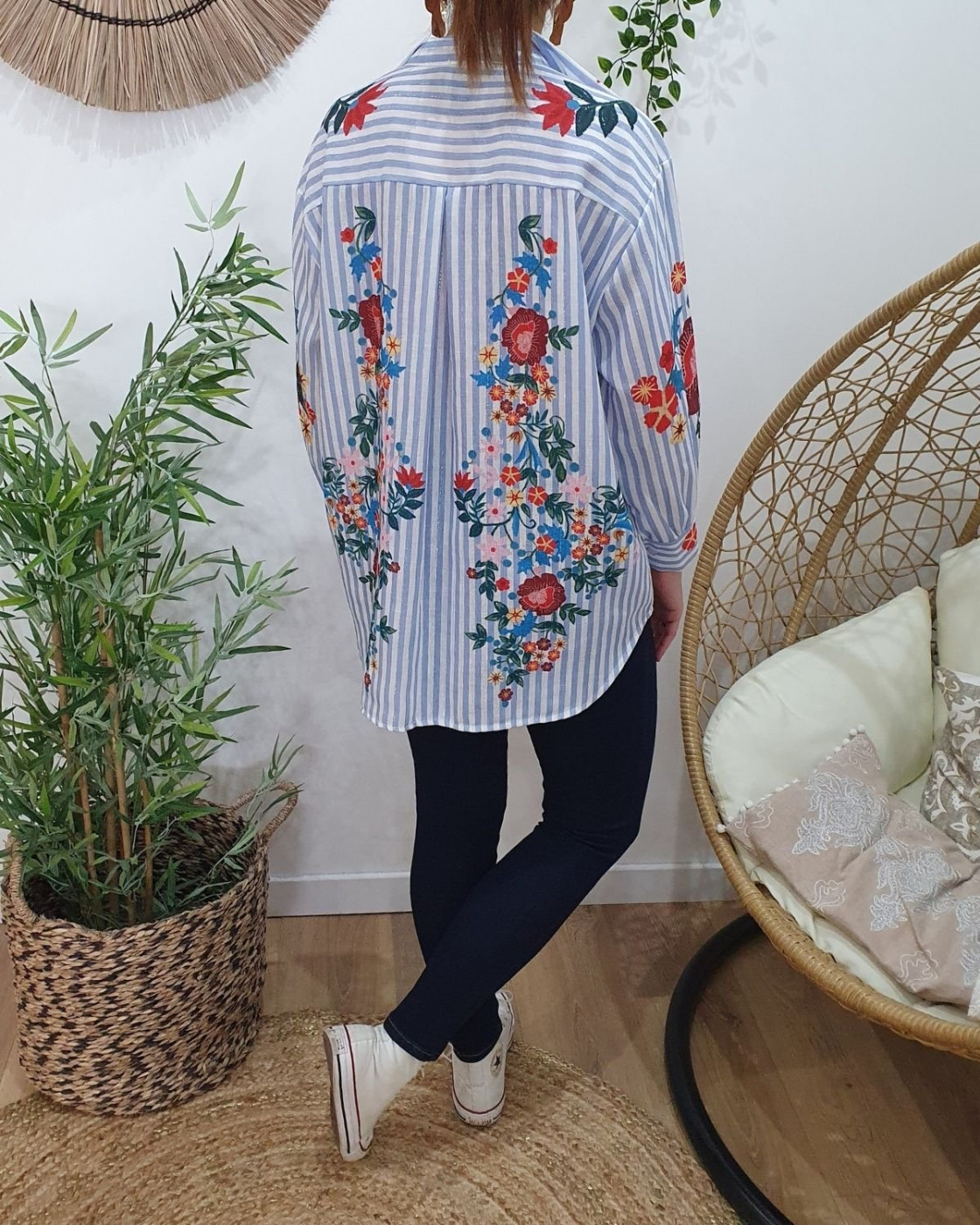 Chemisier femme à rayures et imprimé floral