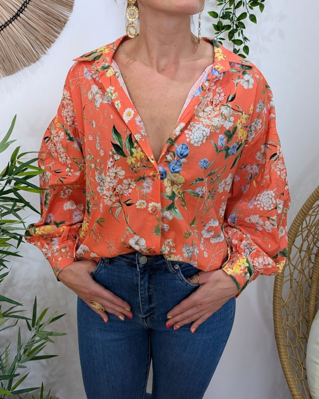 Chemisier femme fleuri corail