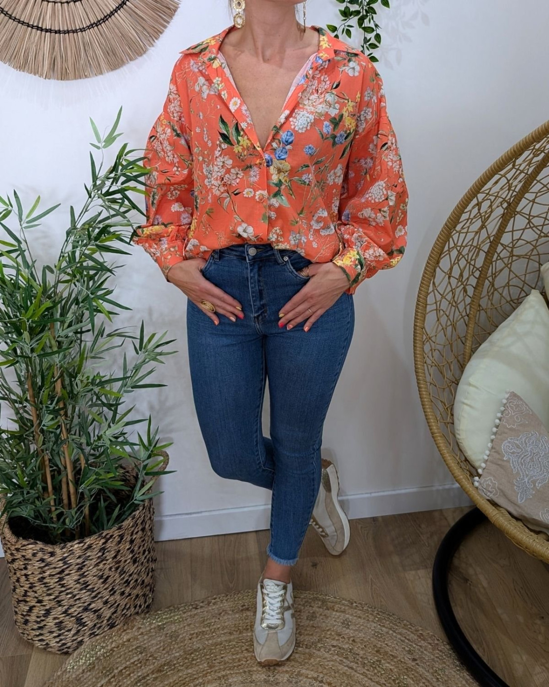 Chemisier femme fleuri corail