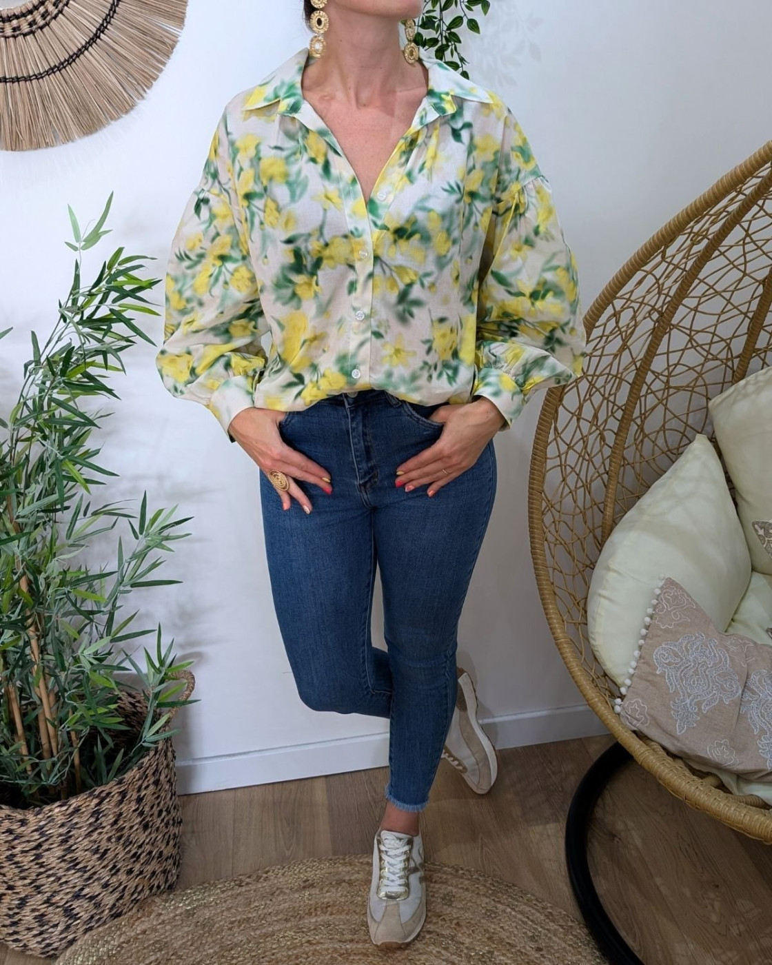 Chemisier femme écru jaune et vert