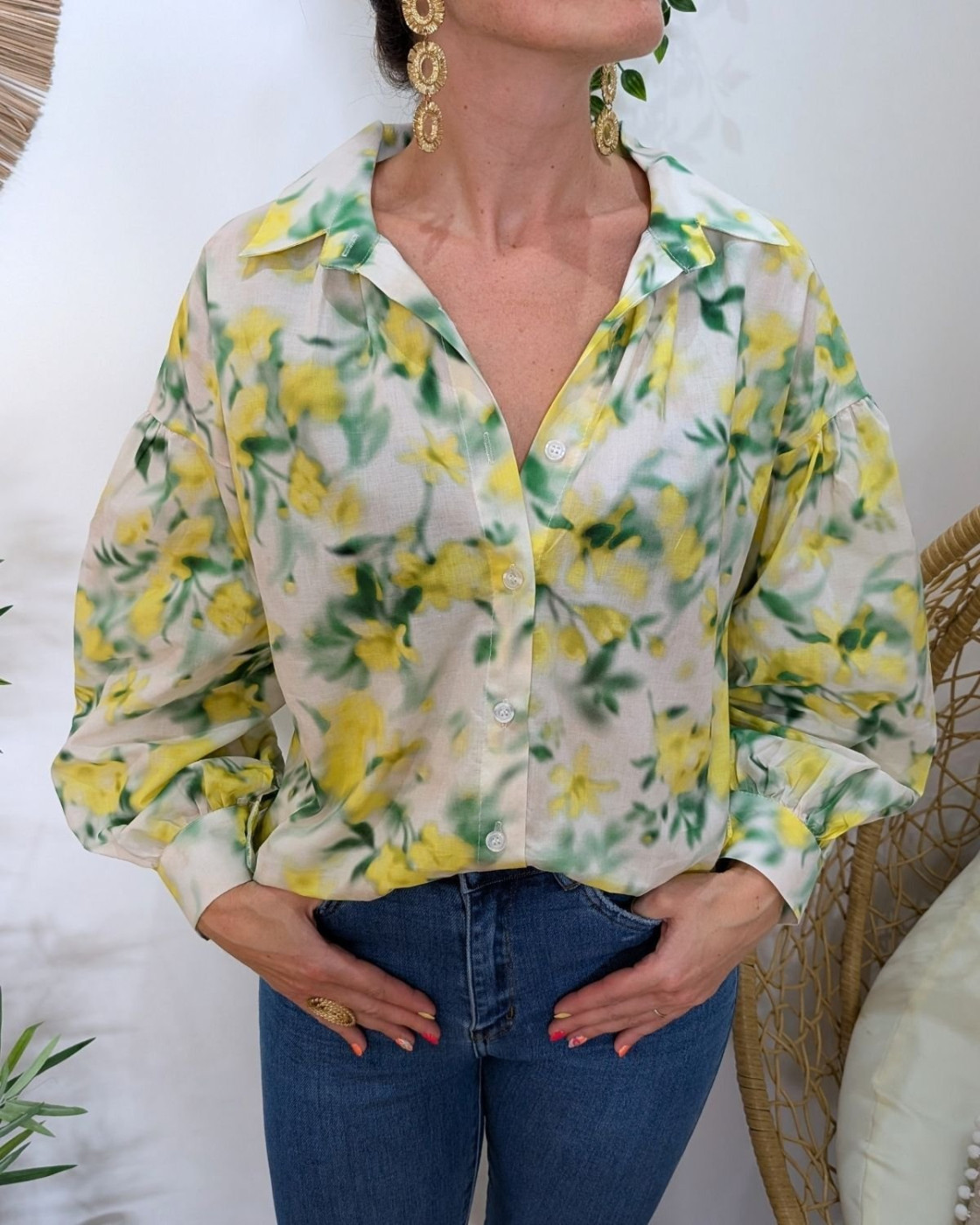 Chemisier femme écru jaune et vert