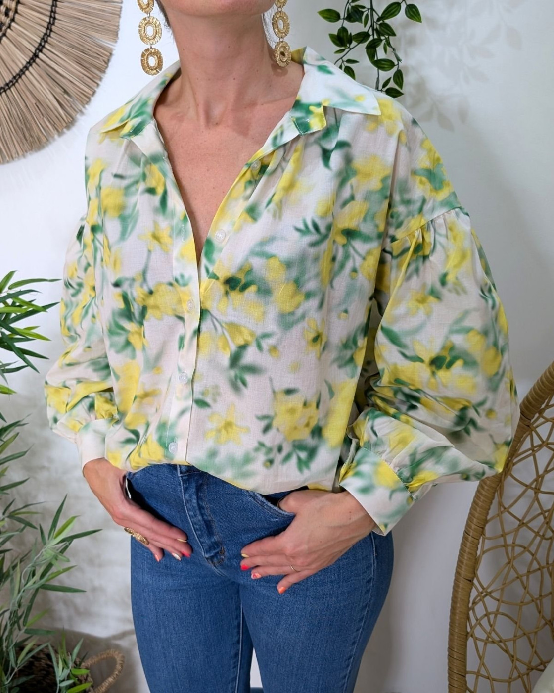 Chemisier femme écru jaune et vert