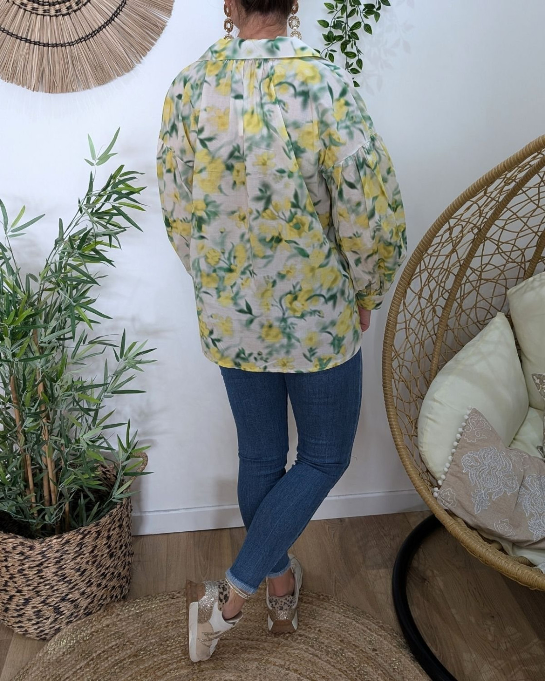 Chemisier femme écru jaune et vert