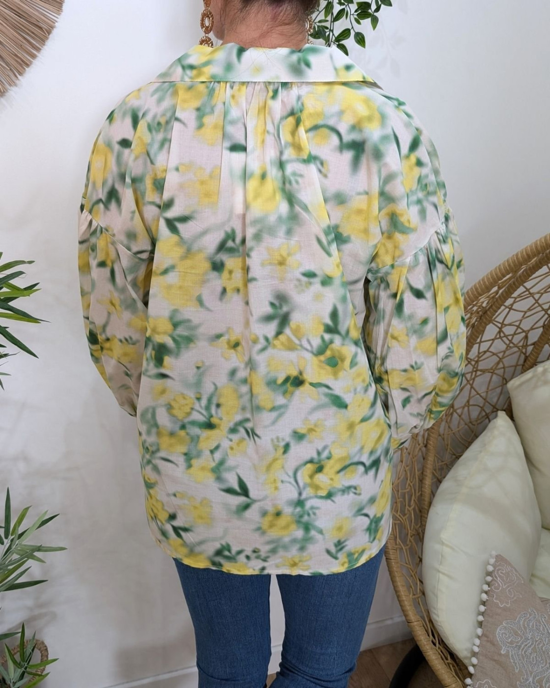 Chemisier femme écru jaune et vert