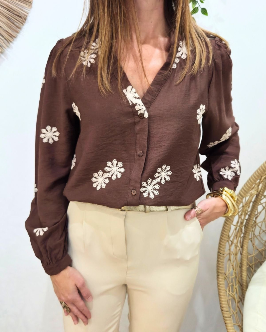 Chemisier femme marron broderies beiges Aléthéa