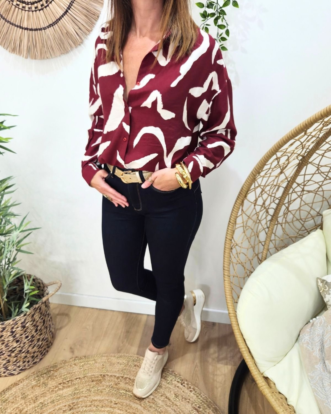 Chemisier femme bordeaux et beige Axellea