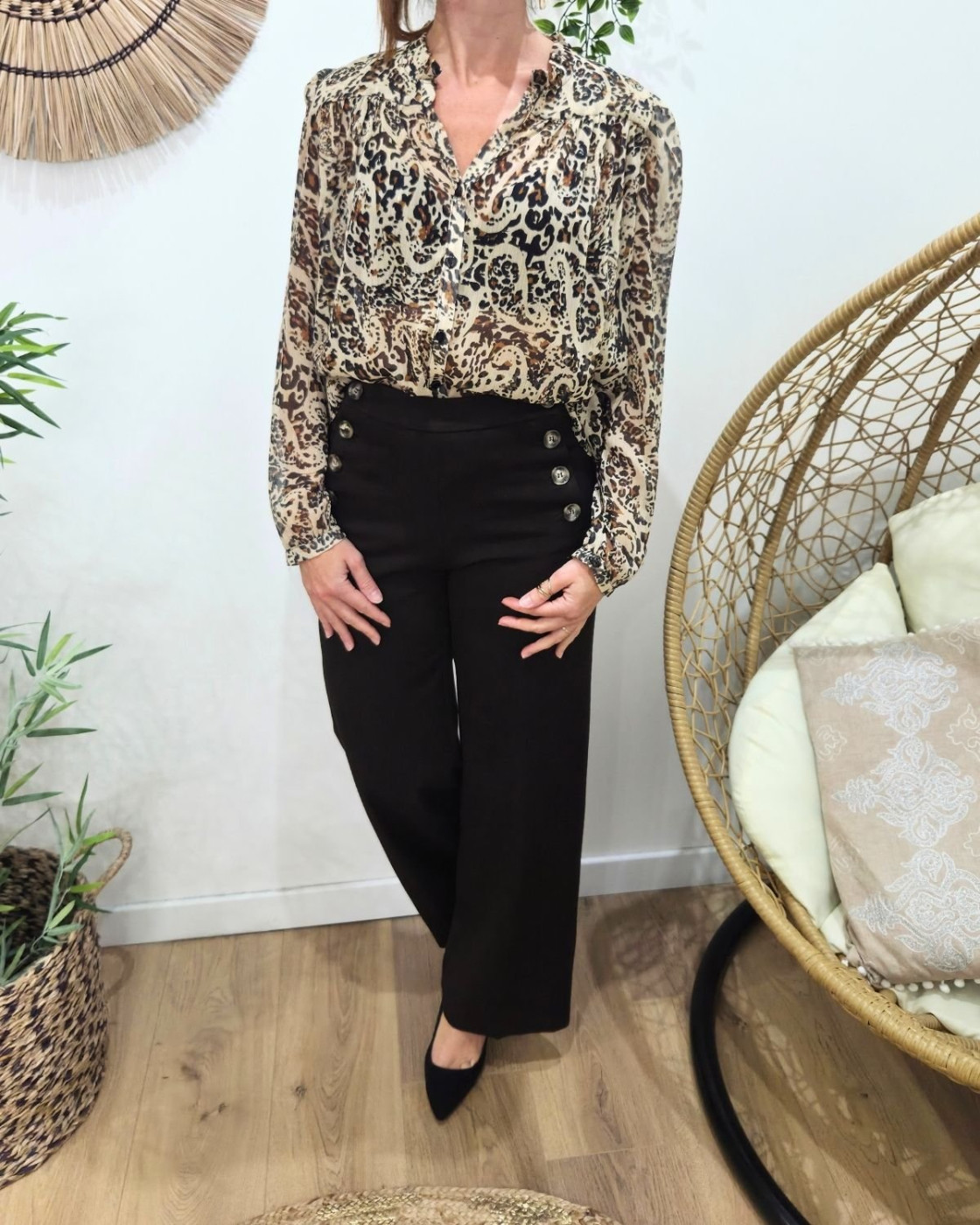 Chemisier voilage femme léopard beige Yara