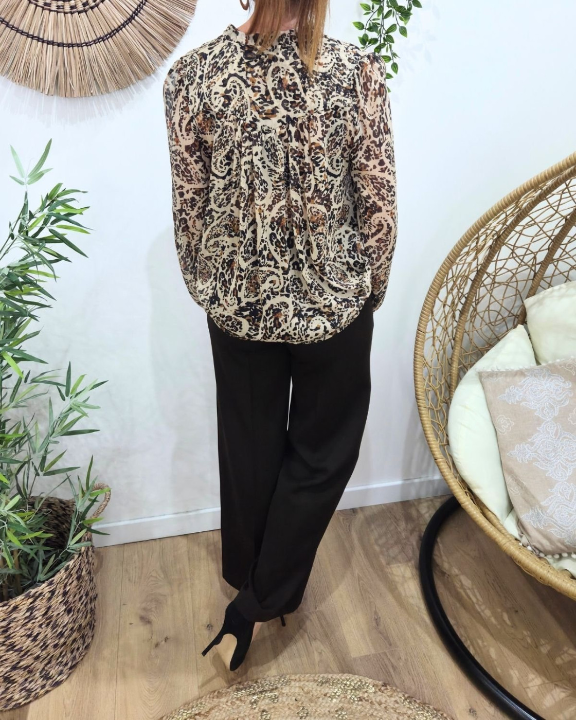 Chemisier voilage femme léopard beige Yara