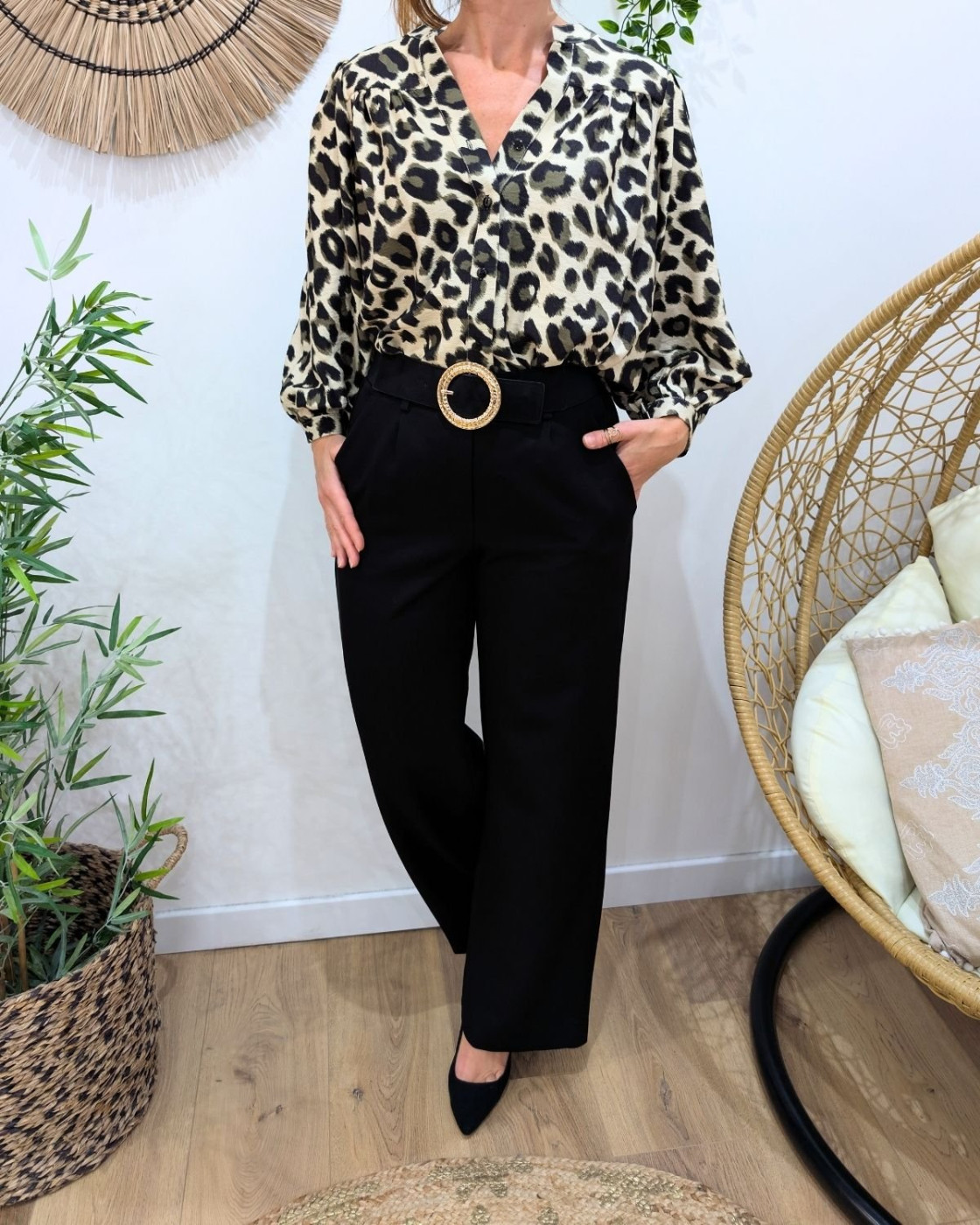 Chemisier femme beige léopard kaki et noir 