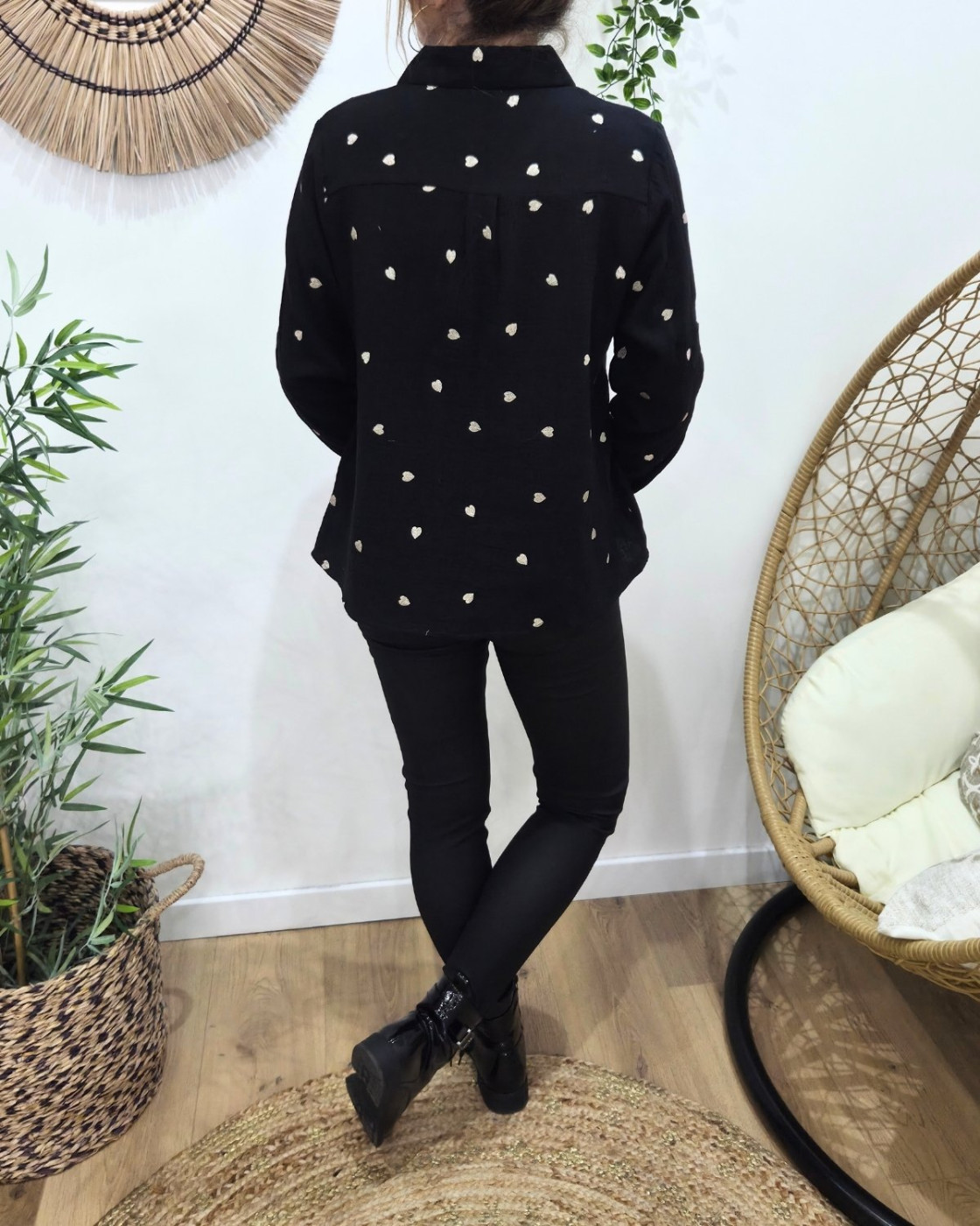 Chemisier coton gaz noir coeurs dorés