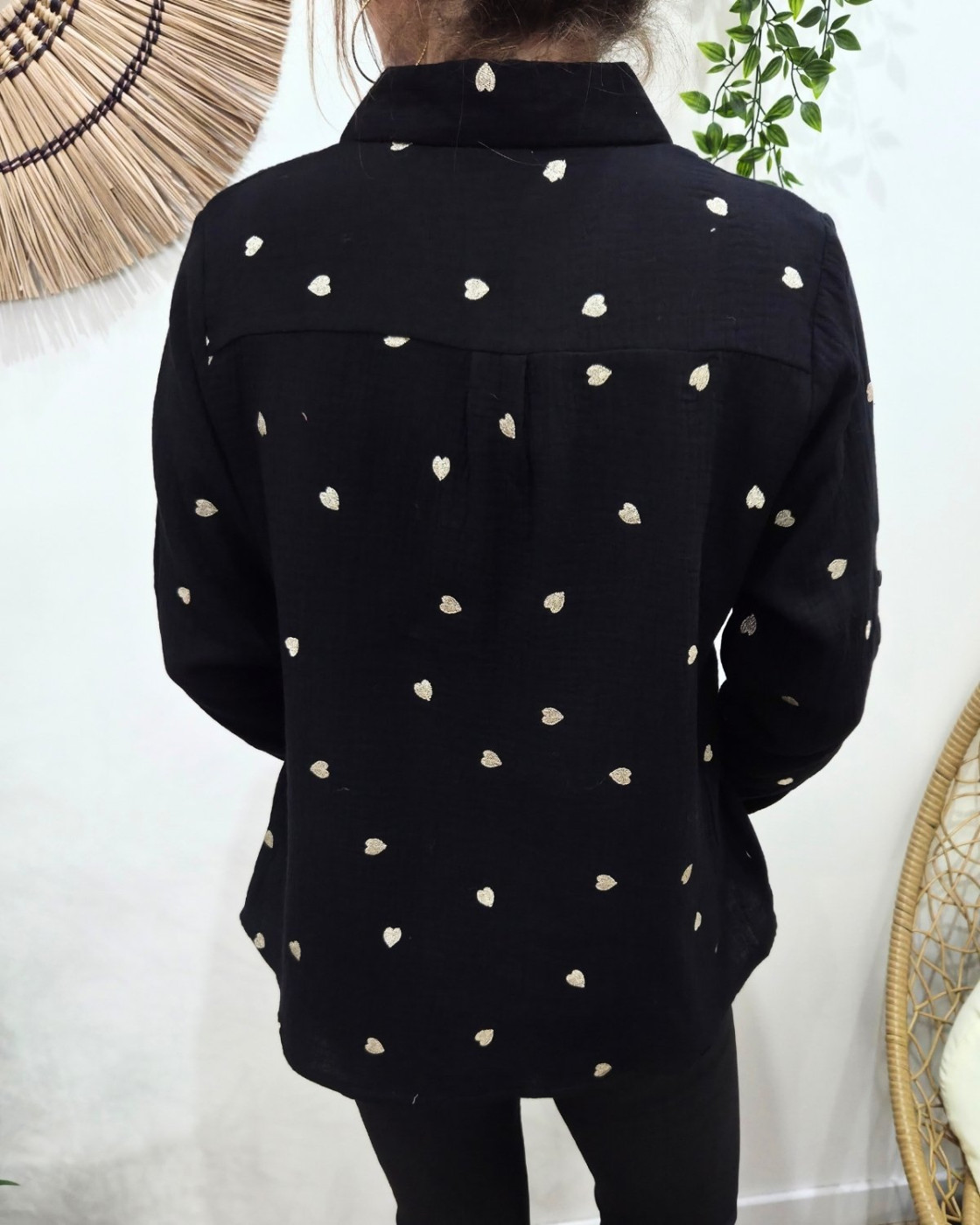 Chemisier coton gaz noir coeurs dorés